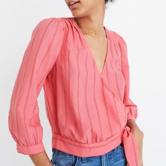 Madewell Tops - Madewell pink wrap top Cecilia stripe size Large